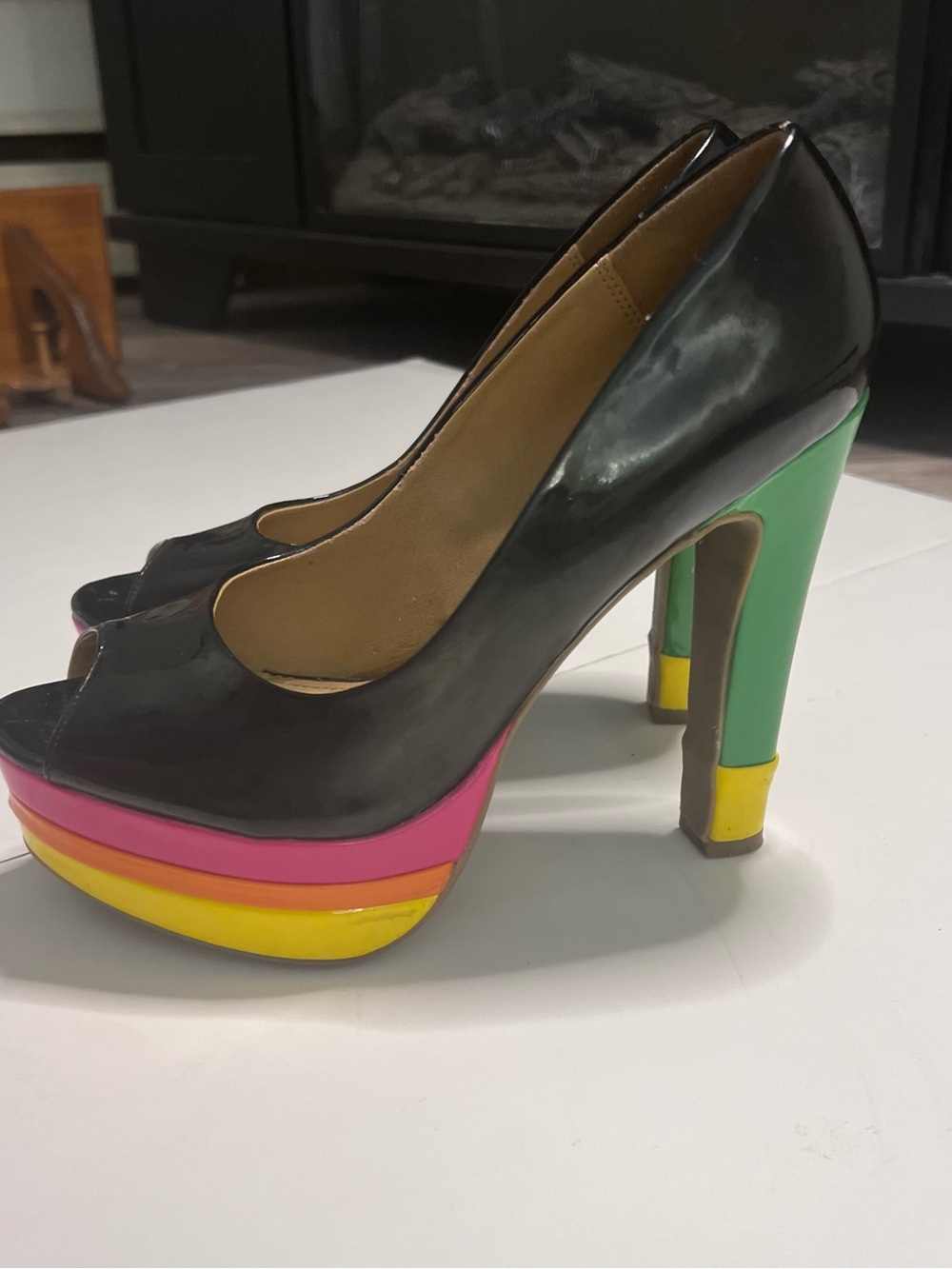 Women's Black Peep-Toe Platform Heels with Colorblock Accents